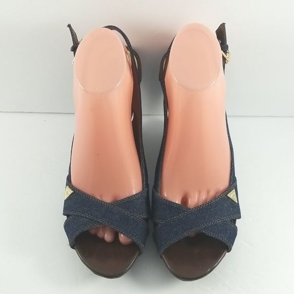 GUESS Blue Denim & Leather Slingback Platforms Size 9.5M. S598 - Picture 2 of 10